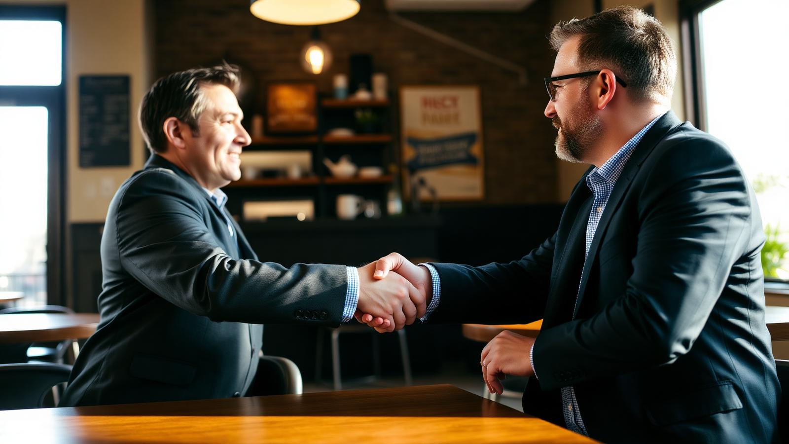 Two Wichita business professionals shaking hands over coffee