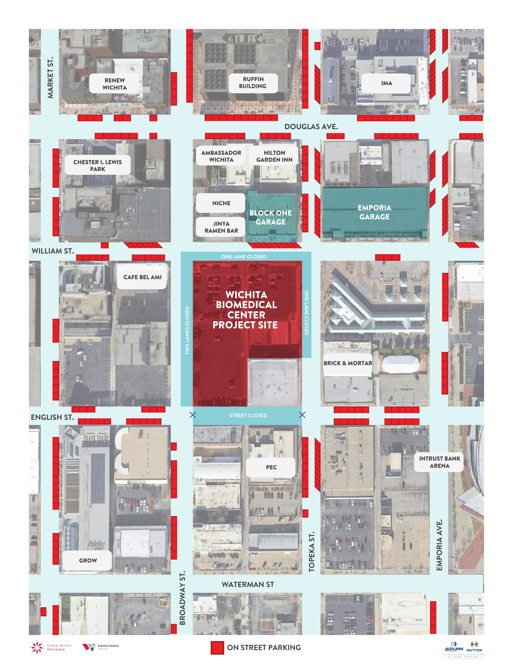 Wider downtown Wichita parking map showing on-street parking, garages, and surrounding businesses