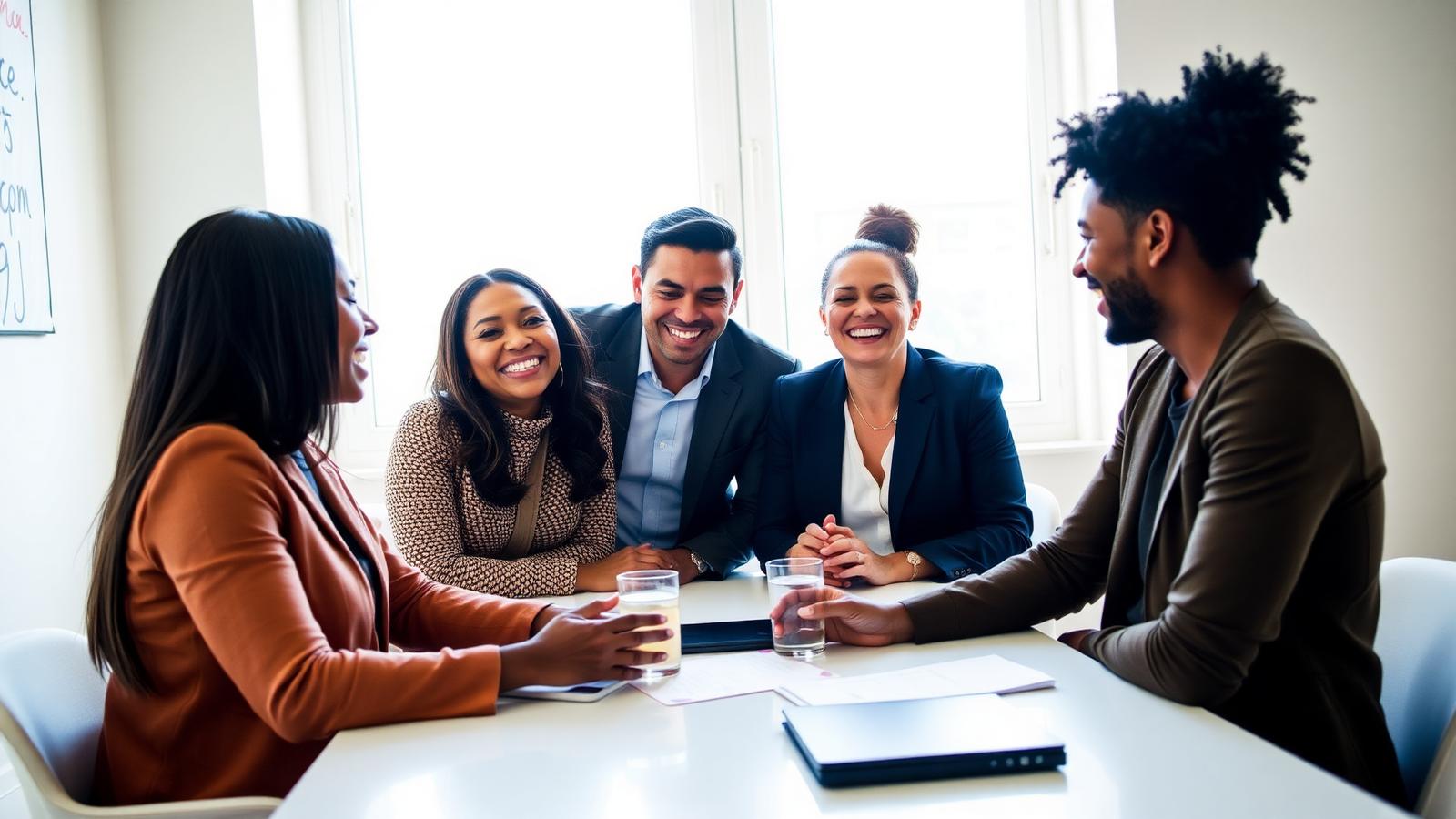 A group of business professionals talking and laughing around a meeting table