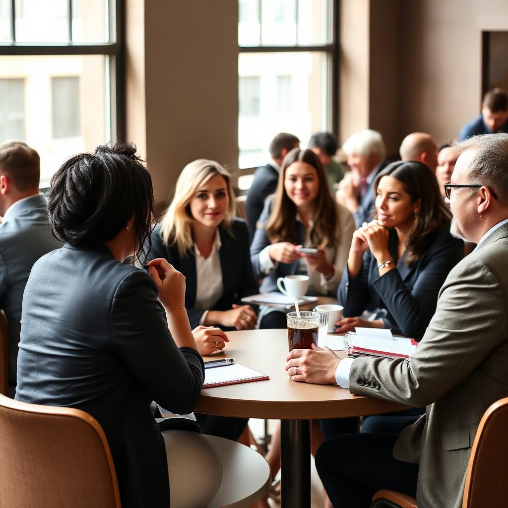 Christian business professionals in genuine conversation at a monthly networking meeting in downtown Wichita.
