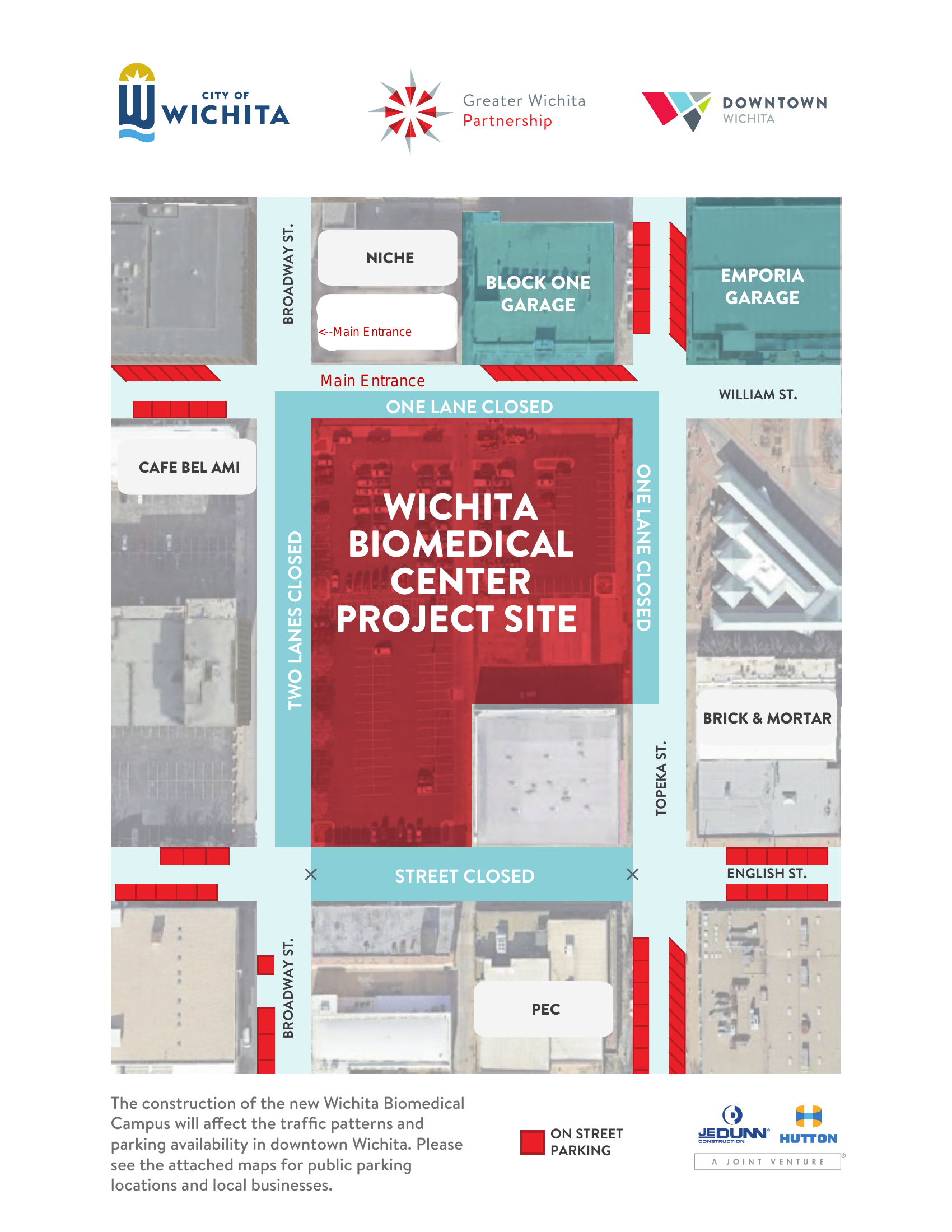 Parking map showing The Niche, Block One Garage, Emporia Garage, and nearby street parking near the Wichita Biomedical Center project site